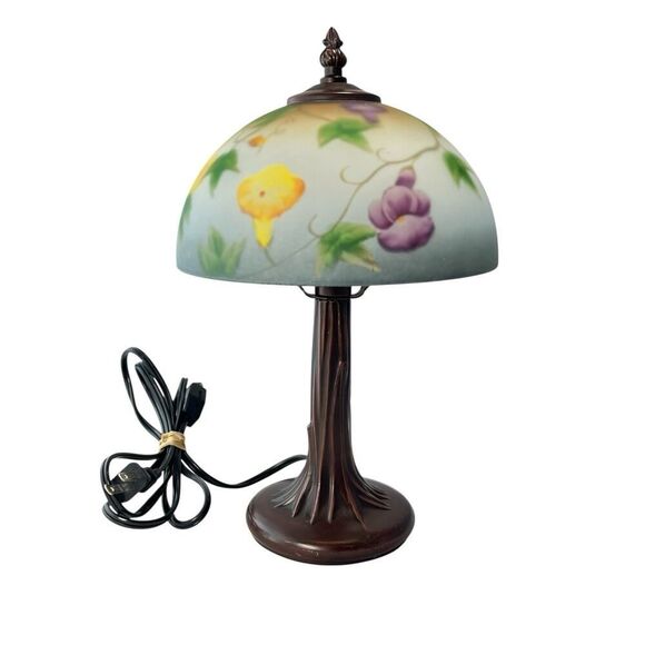 Reverse Painted Frosted Glass Lamp Morning Glory Floral Vintage Beautiful - Picture 3 of 5